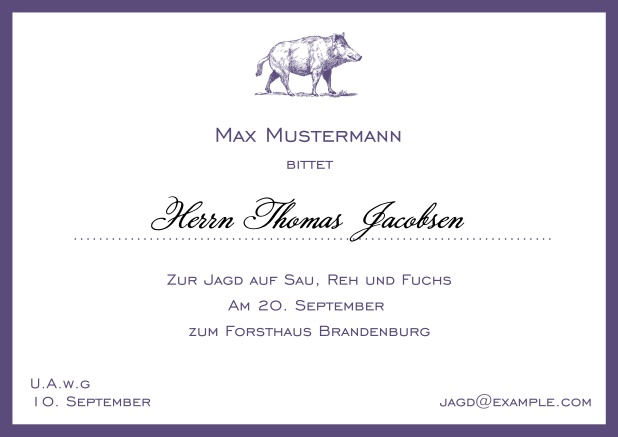 Online Classic hunting invitation card with strong wild boar and elegant border in various colors. Purple.