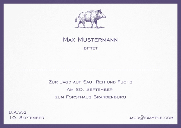 Classic hunting invitation card with strong wild boar and elegant border in various colors. Purple.