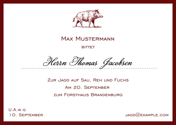 Online Classic hunting invitation card with strong wild boar and elegant border in various colors. Red.