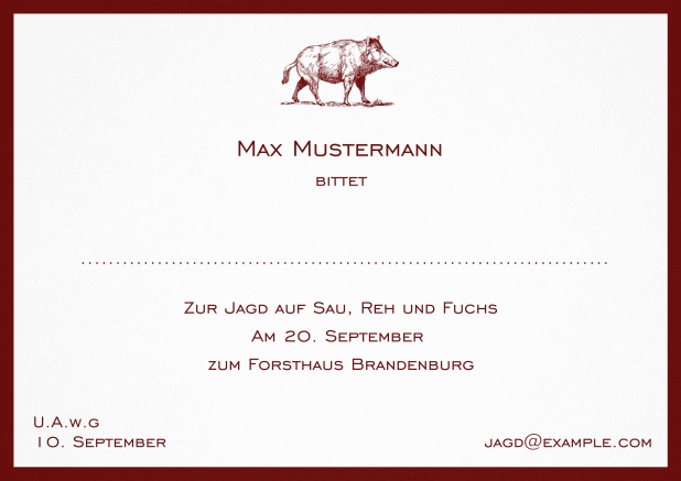 Classic hunting invitation card with strong wild boar and elegant border in various colors. Red.