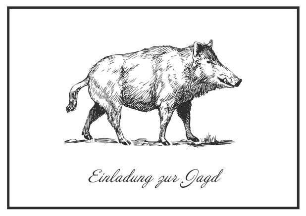 Classic Online hunting invitation card with illustrated Wild boar and fine frame. Black.