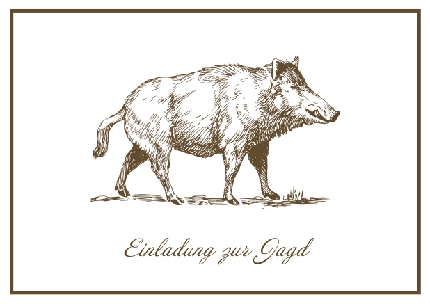 Classic Online hunting invitation card with illustrated Wild boar and fine frame. Brown.