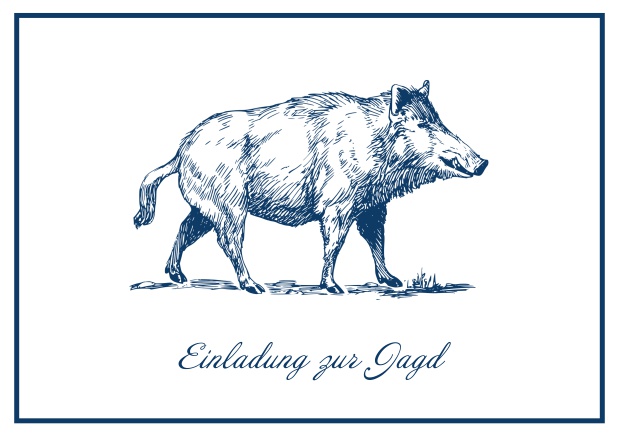 Classic Online hunting invitation card with illustrated Wild boar and fine frame. Navy.