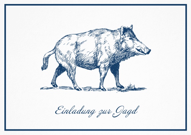 Classic hunting invitation card with illustrated Wild boar and fine frame. Navy.