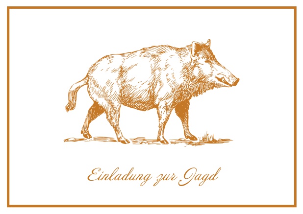 Classic Online hunting invitation card with illustrated Wild boar and fine frame. Orange.