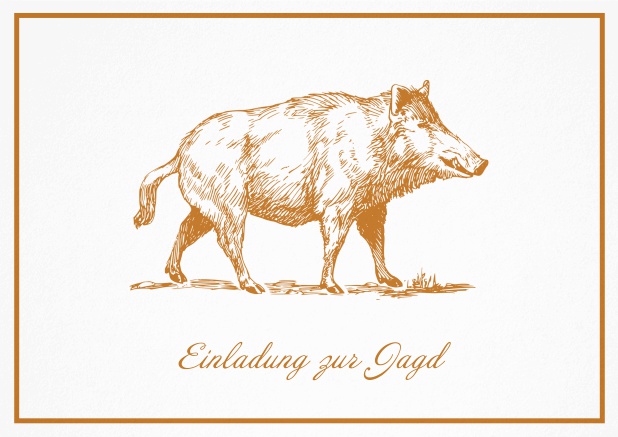 Classic hunting invitation card with illustrated Wild boar and fine frame. Orange.
