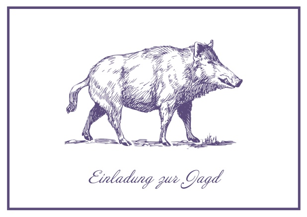 Classic Online hunting invitation card with illustrated Wild boar and fine frame. Purple.