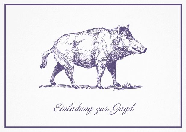 Classic hunting invitation card with illustrated Wild boar and fine frame. Purple.