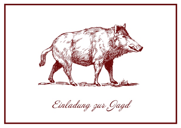 Classic Online hunting invitation card with illustrated Wild boar and fine frame. Red.
