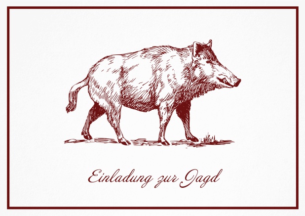 Classic hunting invitation card with illustrated Wild boar and fine frame. Red.