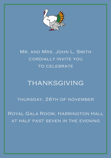 Online Thanksgiving invitation card with colorful Turkey in portrait format. Blue.