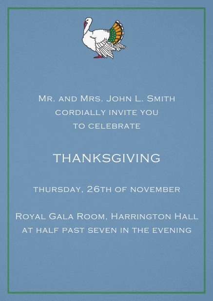 Thanksgiving invitation card with colorful Turkey in portrait format. Blue.