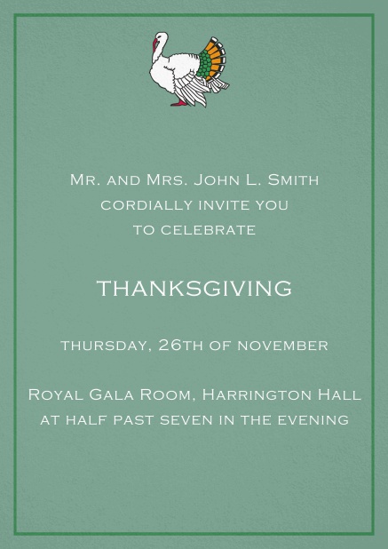 Thanksgiving invitation card with colorful Turkey in portrait format. Green.