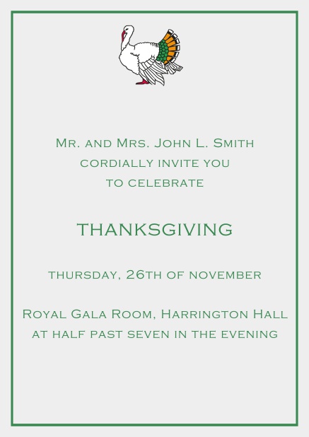 Online Thanksgiving invitation card with colorful Turkey in portrait format. Grey.