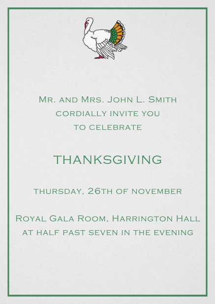 Thanksgiving invitation card with colorful Turkey in portrait format. Grey.