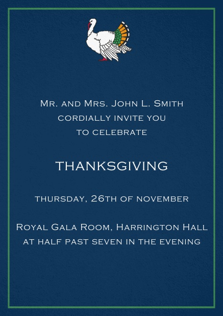 Thanksgiving invitation card with colorful Turkey in portrait format. Navy.