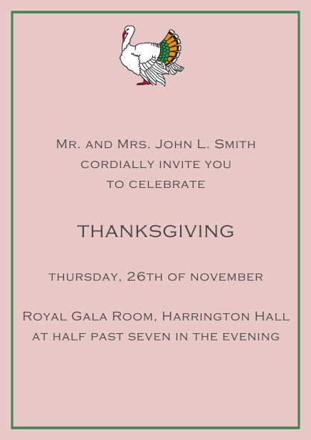 Online Thanksgiving invitation card with colorful Turkey in portrait format. Pink.