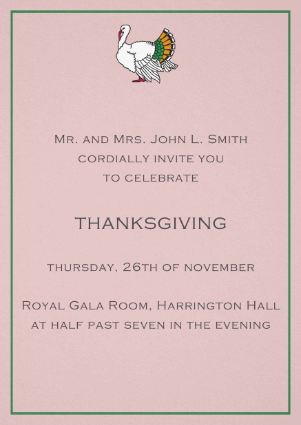 Thanksgiving invitation card with colorful Turkey in portrait format. Pink.