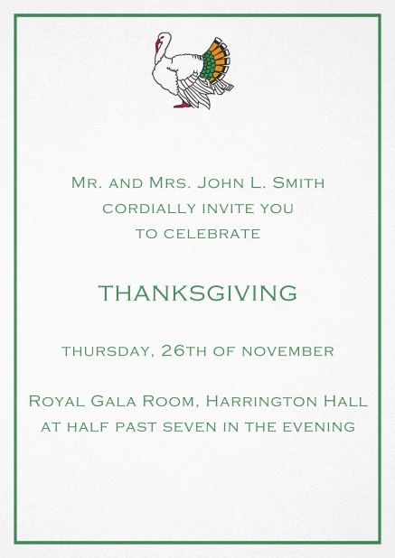 Thanksgiving invitation card with colorful Turkey in portrait format. White.
