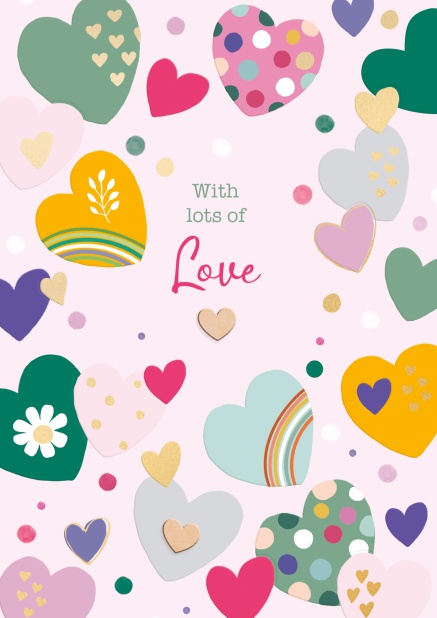 Online Greeting card with flower hearts and with lots of love text