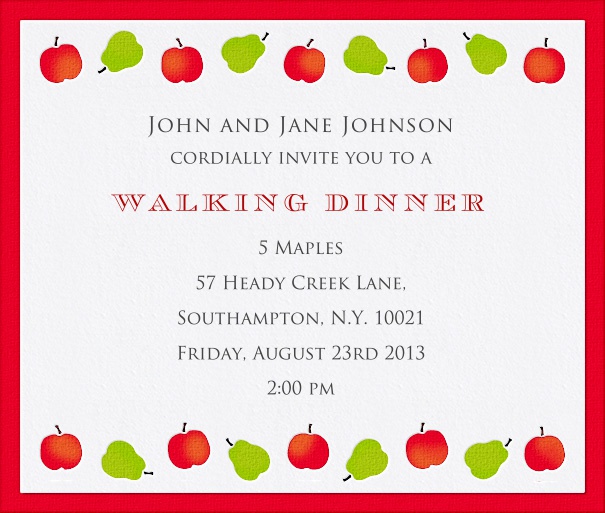 Weisse Herbst Einladungskarte in Quadratformat mit rotem Rand und roten und grünen Äpfeln und Birnen oben und unten auf Karte.