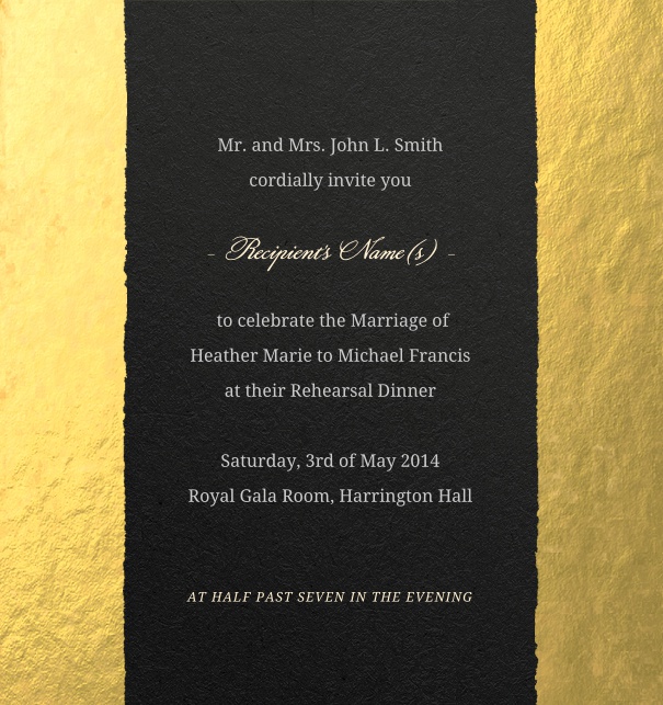 Schwarze Online Hochzeitseinladungskarte mit goldenem Rahmen.