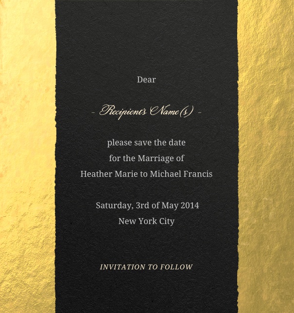 Gold Modern Formal Wedding Save the Date Card with tear design.