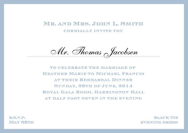 Online classic invitation card with frame and line for the recipient's name. Blue.