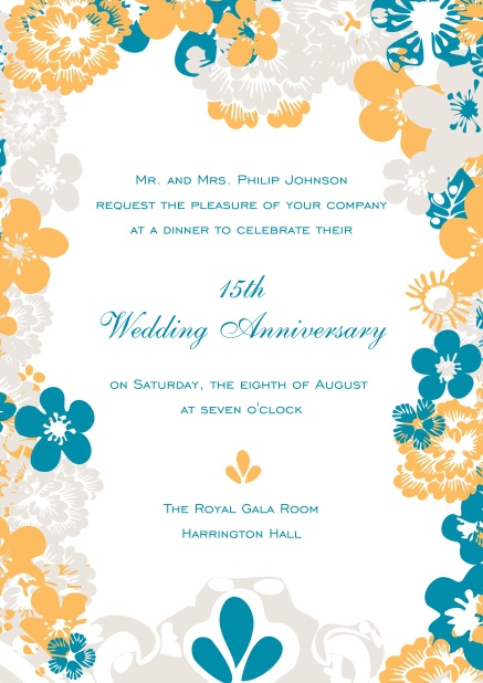 Einladungskarte zum Hochzeitstag mit buntem Blumenrahmen.