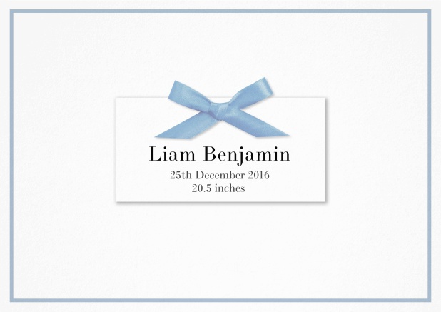 Paper Birth announcement with PRINTED blue ribbon and matching blue line frame and photo inside left.