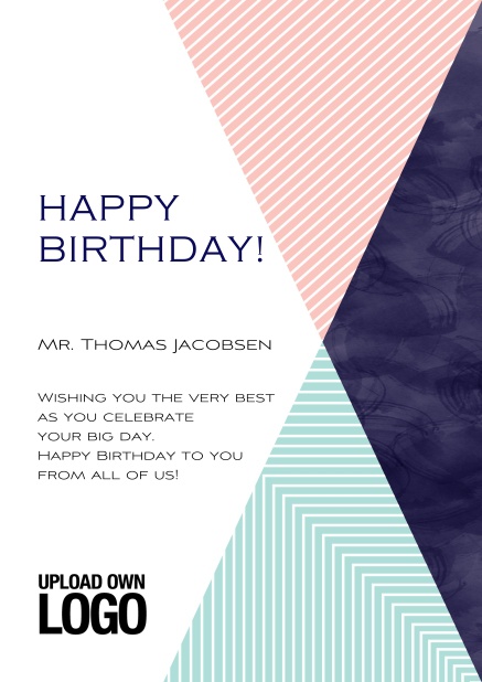 Online Corporate Birthday greeting card with large rosa, blu and dark triangle elements.