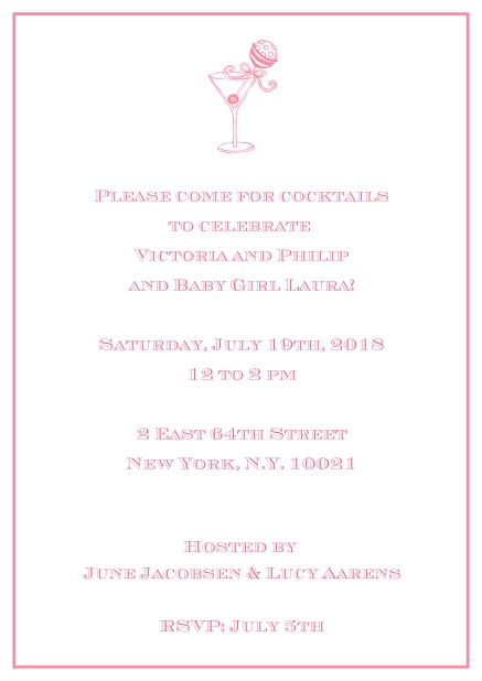 Classic cocktail online invitation card with an illustrated cocktail at the top and thin elegant frame. Pink.