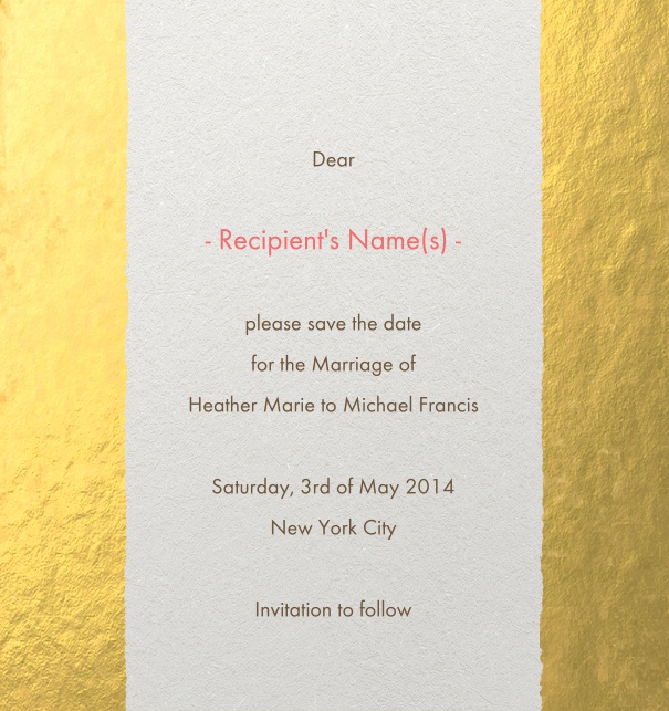 Modern Formal party Save the Date Card online with gold border and recipient monitoring.