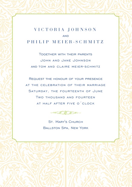 Online wedding invitation card with illustrated golden frame.