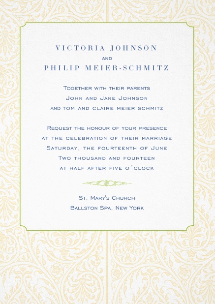 Einladungskarte zur Hochzeit mit gezeichnetem goldenem Rahmen.