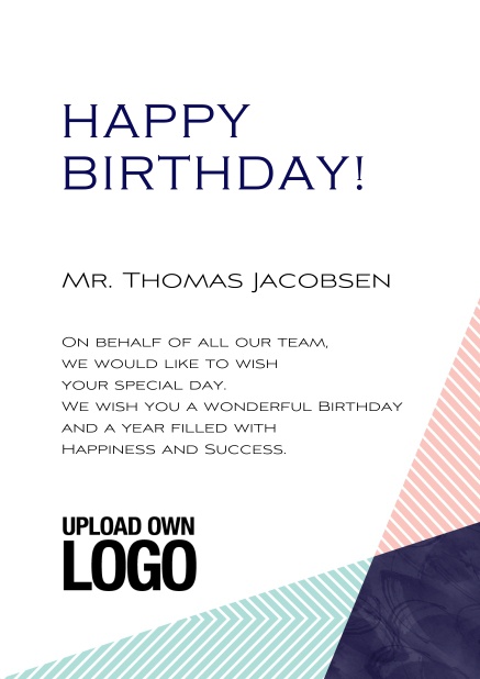 Online Corporate birthday greeting card with pink, blue and black elements.