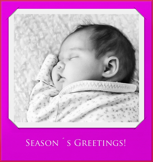 Pinke Hochkantformat Fotokarte mit pinkem Rand für Weihnachtskarten mit Fotobox zum selber hochladen und Textfeld zur Texteingabe.