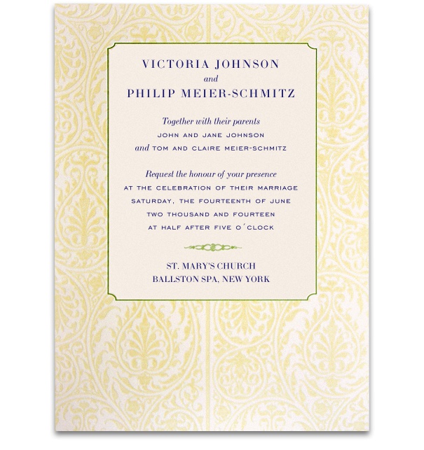 Formal Wedding Invitation with wide golden floral frame and blue and grey font.