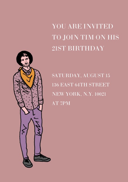 Online invitation in purple with young man for 21st birthday.