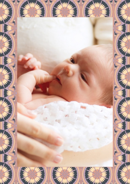 Online Birth announcement photo card with roots art-nouveau frame. Yellow.