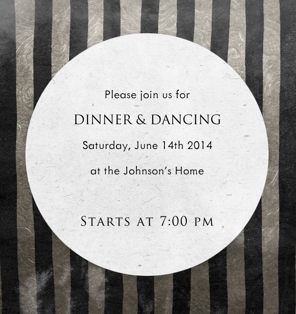 Online Invitation silver Black striped with a white circle for text for celebrations and customizable text.