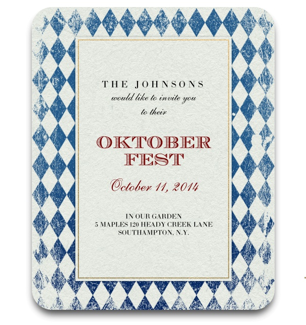 Blue and white checkered Oktoberfest invitation card with a Bayern flag pattern.