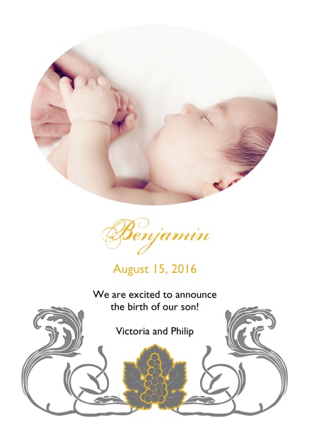 Online Birth announcement photo card with swirll art-nouveau illustration.