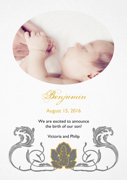 Birth announcement photo card with swirll art-nouveau illustration.
