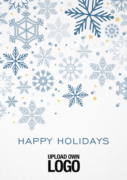 Corporate Christmas card in various colors, with snow flakes, text and logo option. Blue.