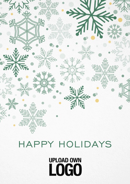 Weihnachtskarte geschäftlich mit Schneeflocken in verschiedenen Farben Grün.