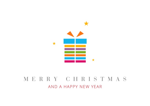 Online Christmas Card with colorful present incl. New Years Greetings.
