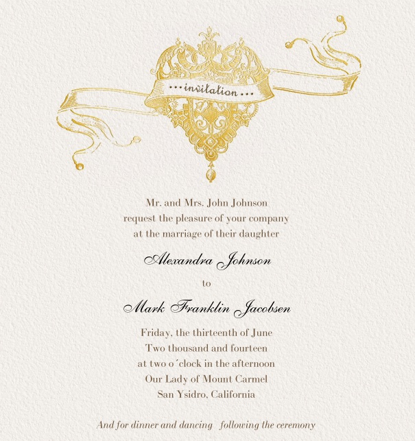 Goldene Online Einladungskarte für Hochzeitseinladungen mit Krone.