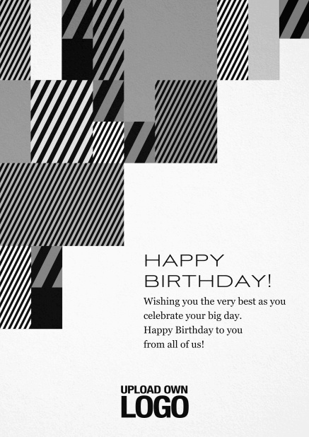 Geburtstagskarte für Geburtstagsglückwünsche mit silber, weiß und schwarzen Rechtecken. Schwarz.