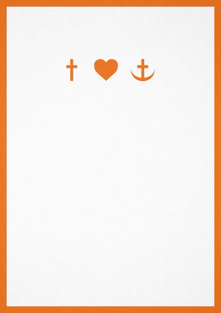 Confirmation invitation card in portrait format with Christian symbols on the front and customizable colors. Orange.